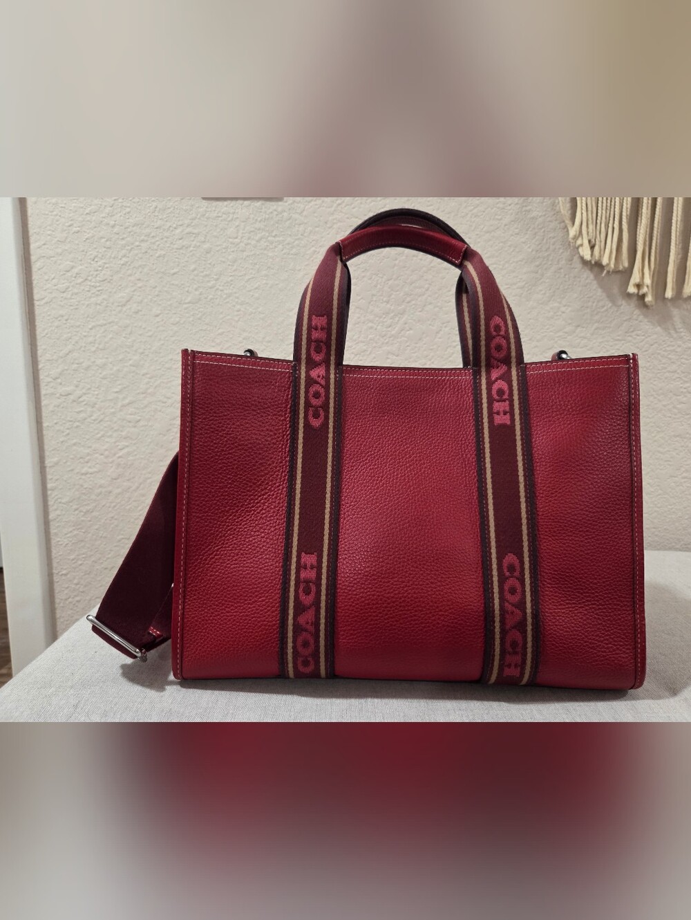 Coach Red Pebbled Leather Tote with Branded Webbing Straps - Picture 2 of 10